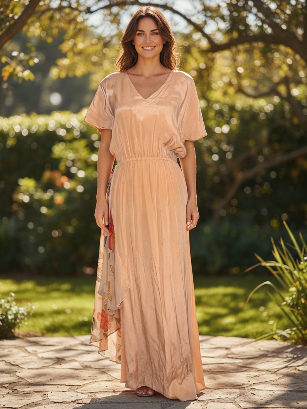 Vintage Karie Patterson for Sansappelle 100% Silk Peach Floral V-Neck Maxi Dress